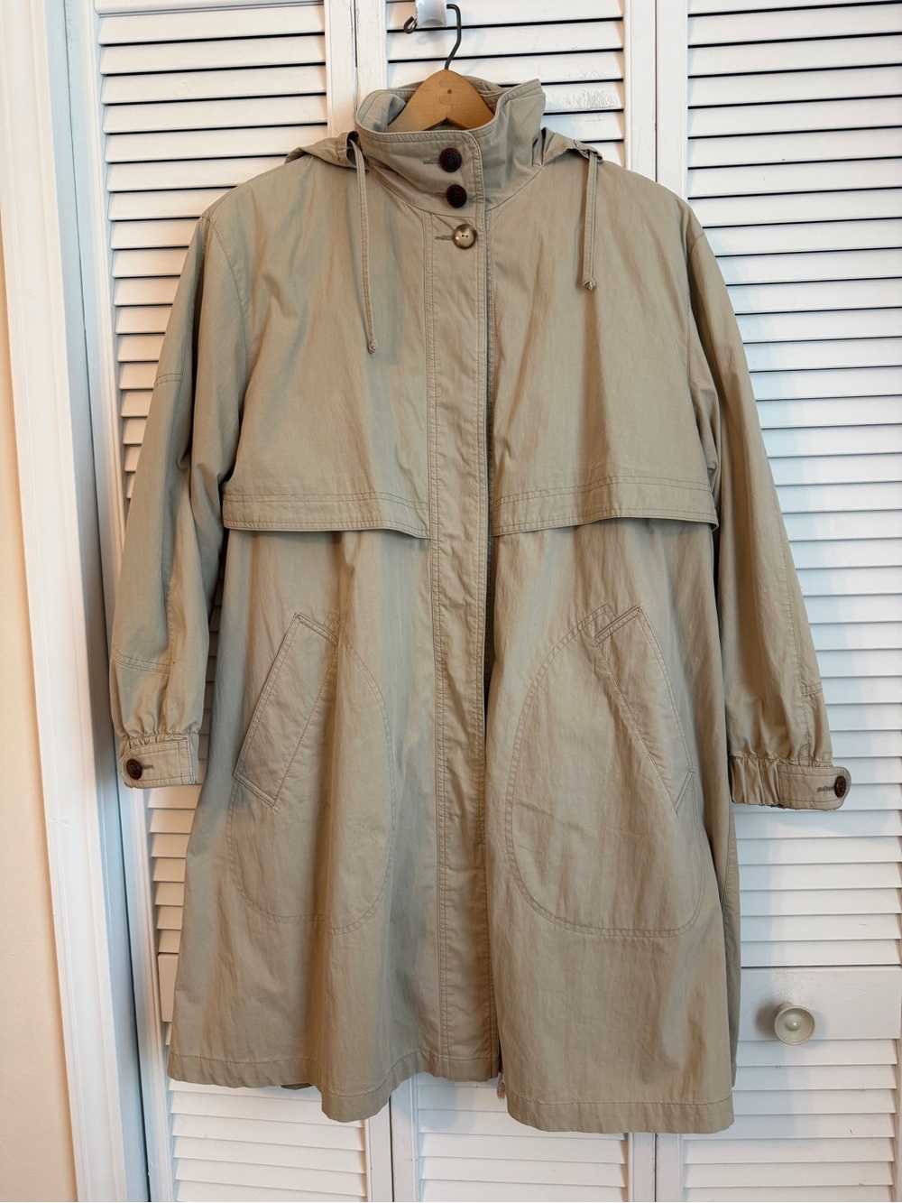 VTG 90s Khaki Trench Coat Flannel Lined Medium Flap Hooded Hidden Buttons